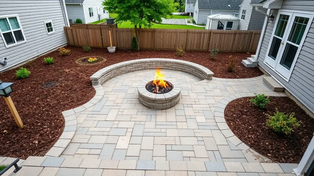 An aerial view of a paver patio with a lit stone fire pit and a curved seat wall at dusk.