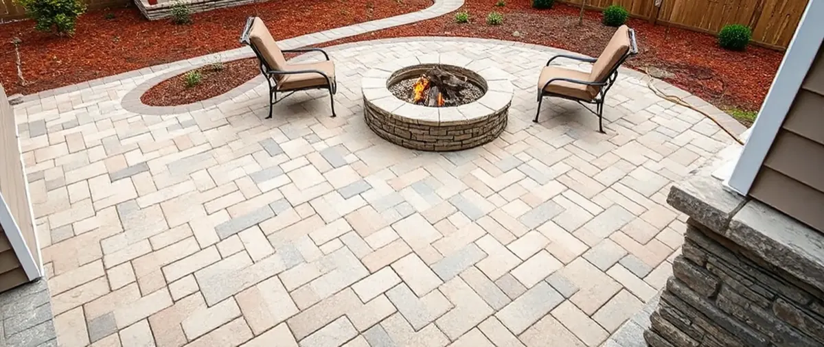 A paver patio with two chairs set around a lit stone fire pit, edged by mulched beds.
