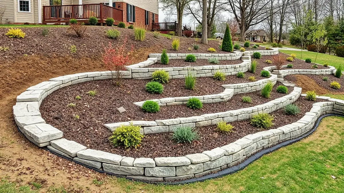 Freshly mulched planting beds behind low stone walls, with the trees still bare in early spring.