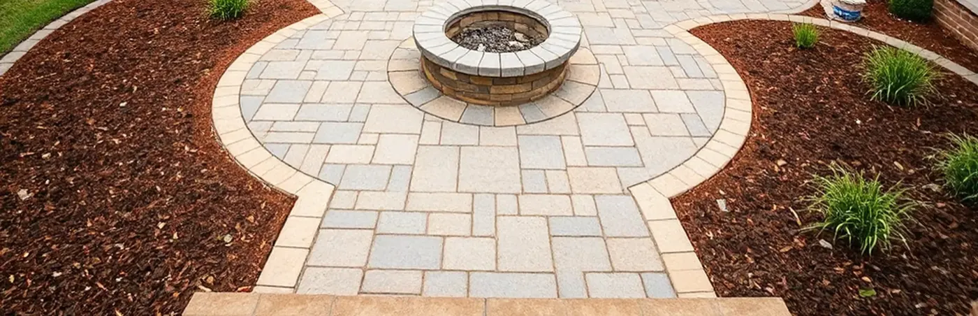 A wide view of a finished paver patio and fire pit surrounded by freshly mulched planting beds.
