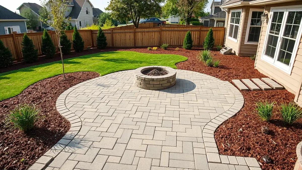 A circular paver patio with a stone fire pit, bordered by mulched beds and a sharply edged lawn.