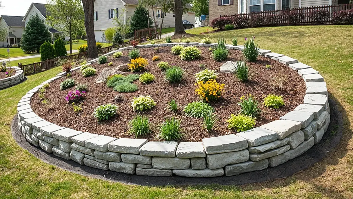 A raised stone planter bed filled with flowering perennials, ornamental grasses and fresh mulch.