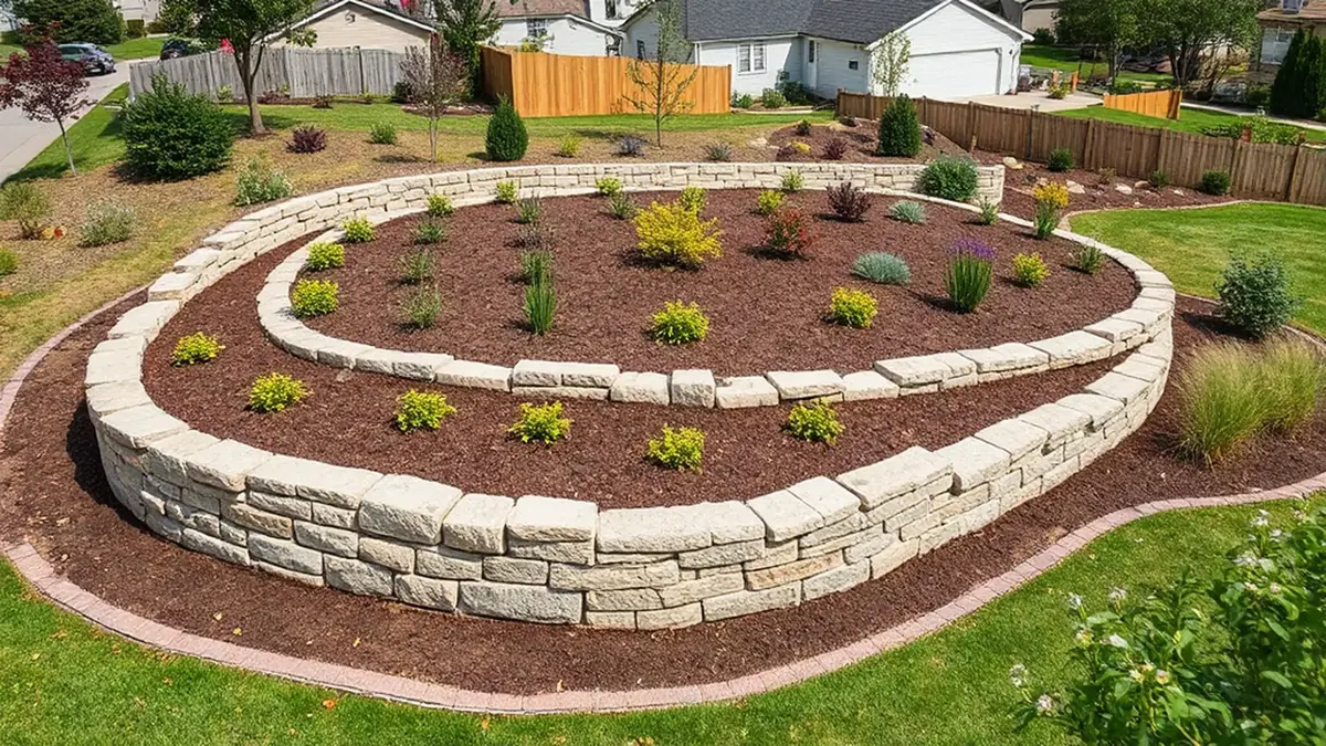 A long curved limestone retaining wall holding a raised, freshly mulched planting bed.