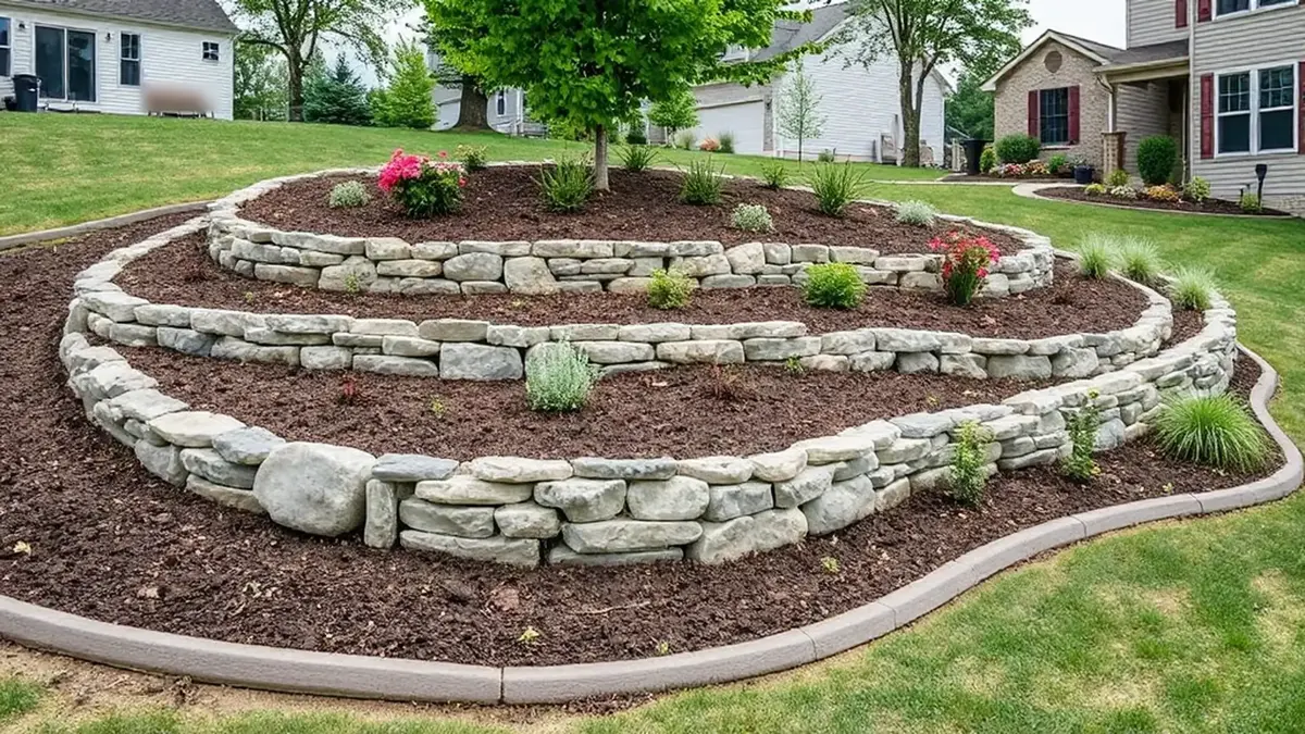 Tiered fieldstone walls on a slope with fresh dark mulch and newly set plants.